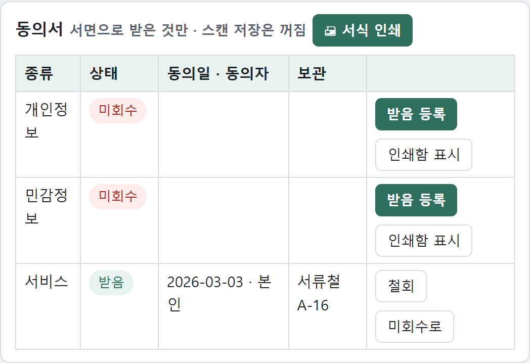 동의서 3종 — 받음 등록 · 서식 인쇄