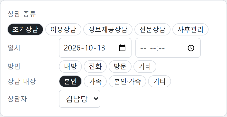 상담 종류 · 일시 · 방법 · 대상 · 상담자