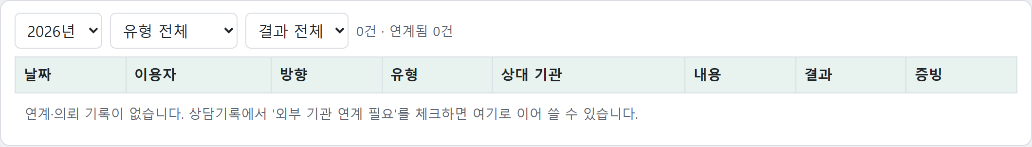 연계·자원 — 연도·유형·결과로 거르기